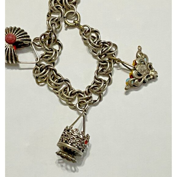 Vintage Etruscan  Revival 800 Silver Fob Charm Bracelet Gypsy 4 Charms 7.5" - Picture 3 of 7